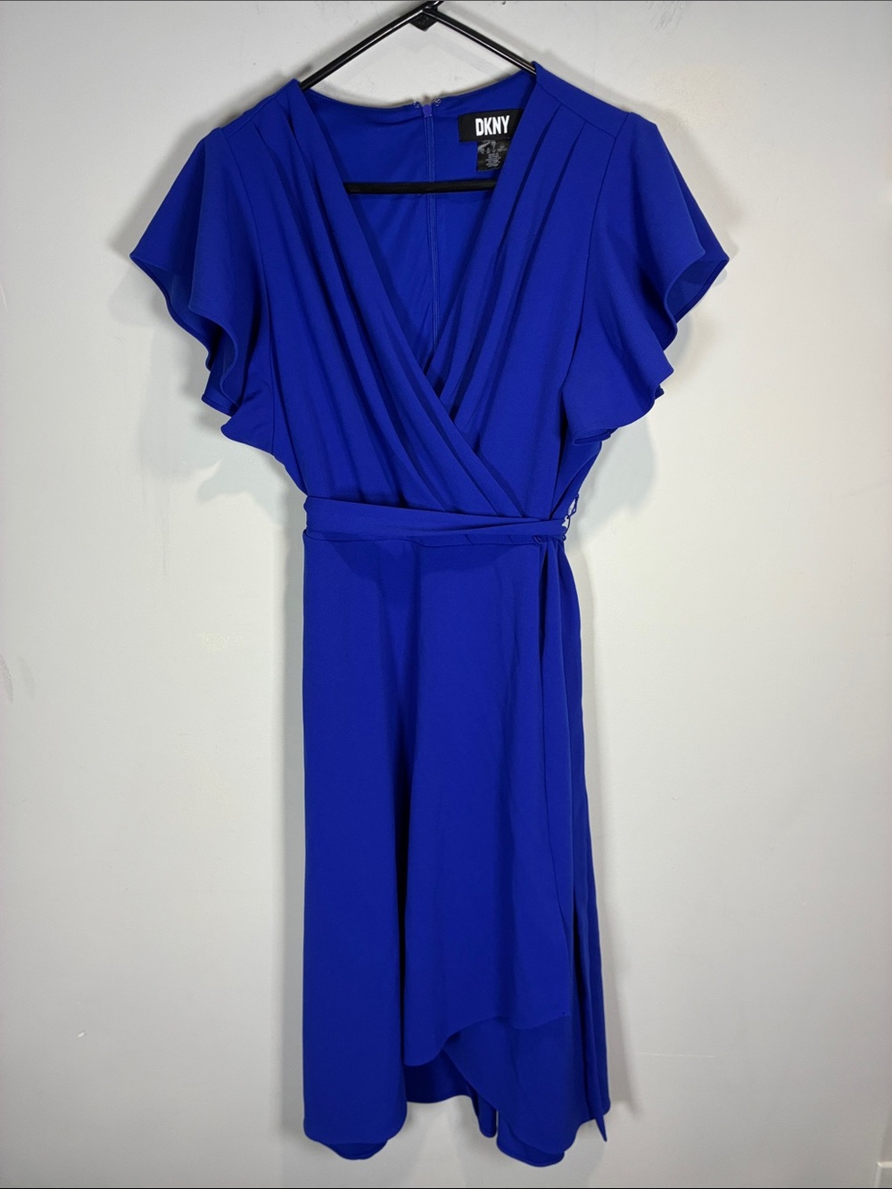 DKNY Cobalt Blue Faux Wrap Flutter Sleeve Midi Dress Belted US 12